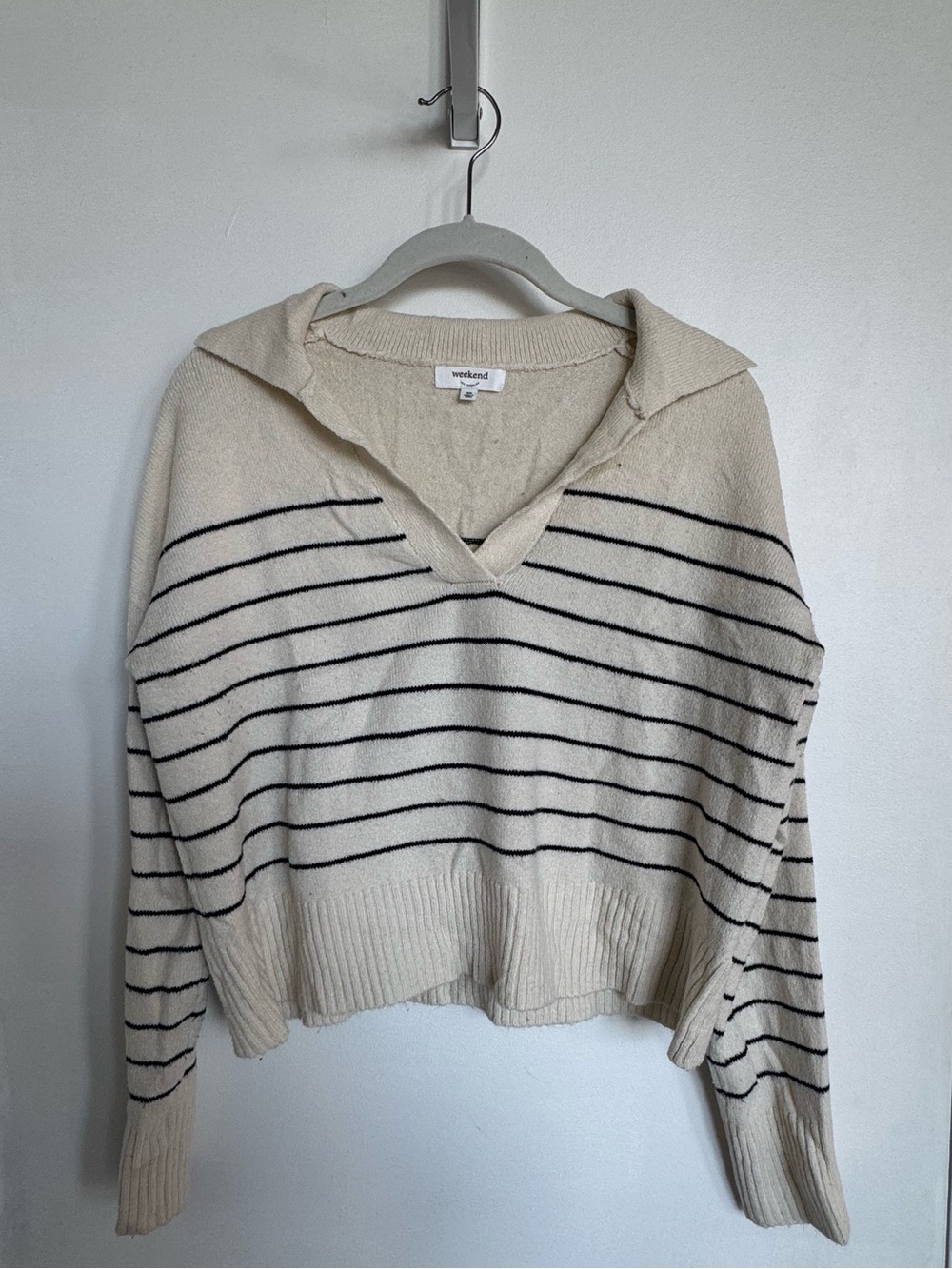 Cream Striped V-Neck Sweater